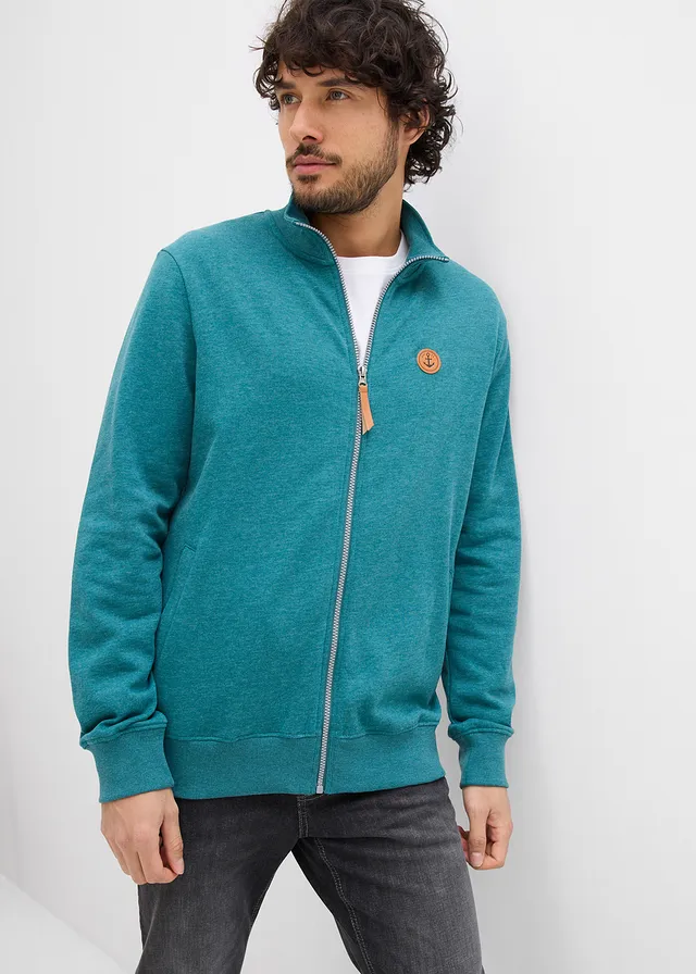 Sweat zippé à col montant et détails enduits, Couleur: pétrole chiné
