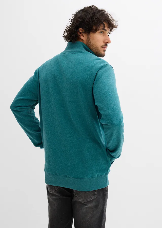 Sweat zippé à col montant et détails enduits, Couleur: pétrole chiné