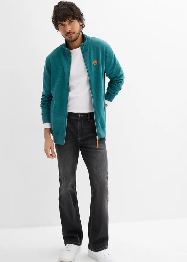 Sweatvest met opstaande kraag en imitatieleren details, Kleur: petrol mêlee