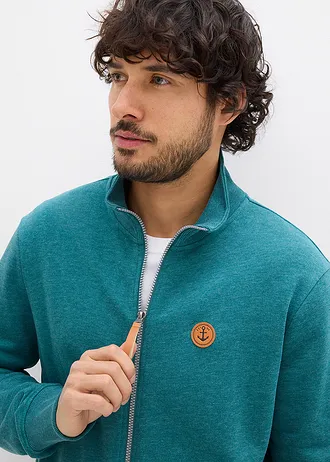 Sweatvest met opstaande kraag en imitatieleren details • petrol mêlee • bonprix online shop