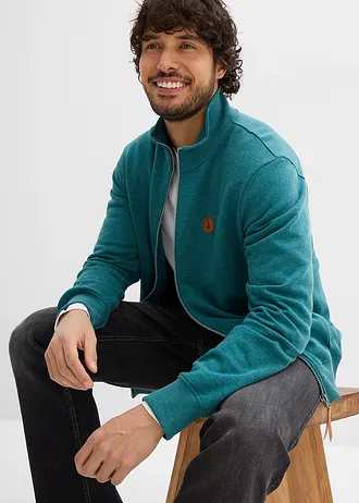 Sweatvest met opstaande kraag en imitatieleren details • petrol mêlee • bonprix online shop