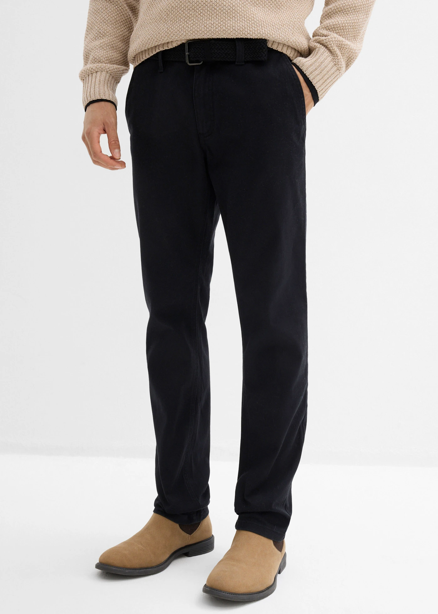 Pantalon chino extensible regular à taille élastiquée, droit • noir • Boutique bonprix