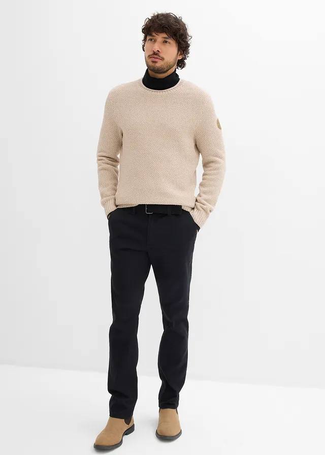 Pantalon chino extensible regular avec taille élastique et ceinture, droit • noir • product-page.page-title-suffix