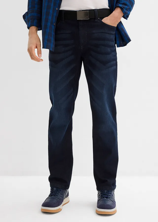 Jean extensible regular avec ceinture, droit, Couleur: bleu foncé denim
