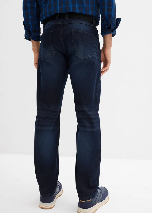 Jean extensible regular avec ceinture, droit, Couleur: bleu foncé denim
