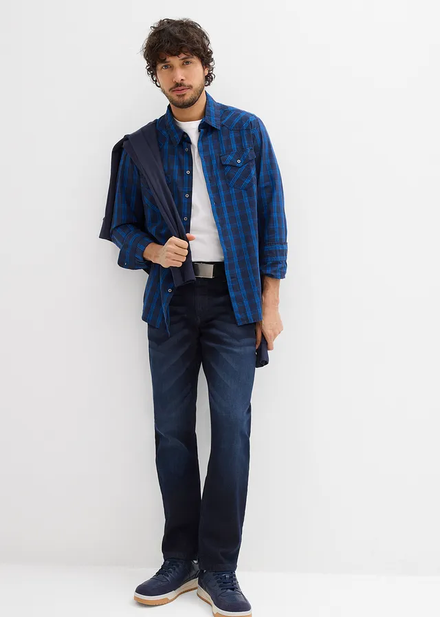 Jean extensible regular avec ceinture, droit, Couleur: bleu foncé denim