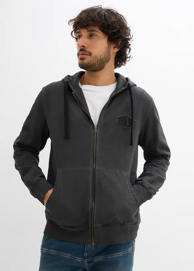Sweatvest met capuchon in washed out look, Kleur: zwart used