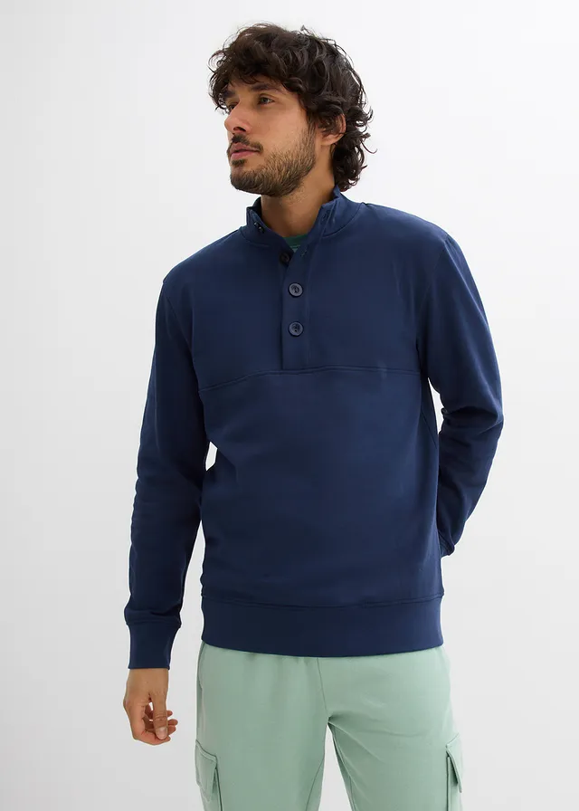Sweat à col boutonné 100% coton, Couleur: bleu foncé