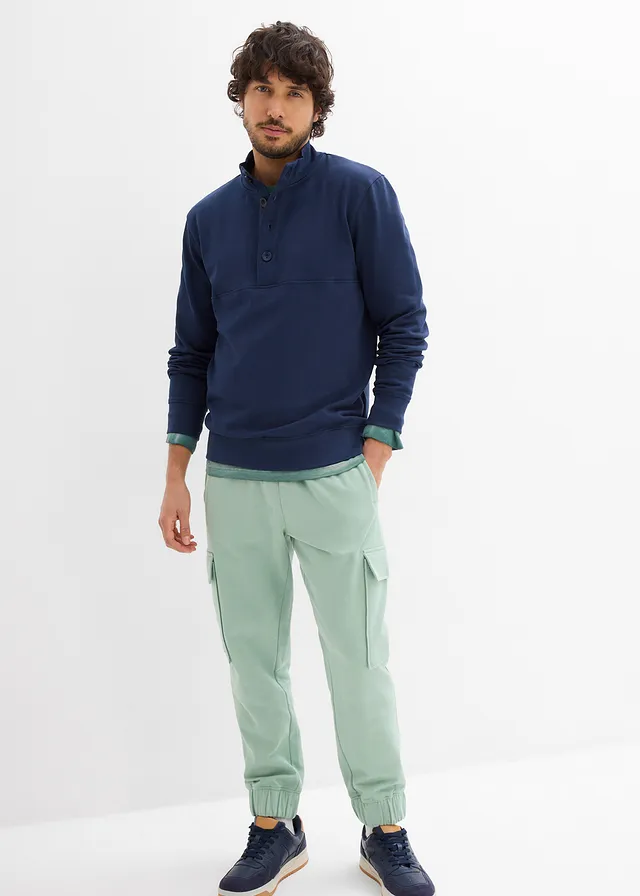 Sweat à col boutonné 100% coton, Couleur: bleu foncé