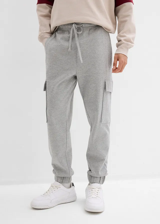 Joggingbroek met cargozakken, loose fit, Kleur: lichtgrijs gemêleerd