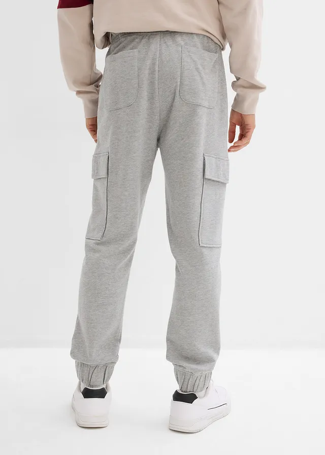 Joggingbroek met cargozakken, loose fit, Kleur: lichtgrijs gemêleerd