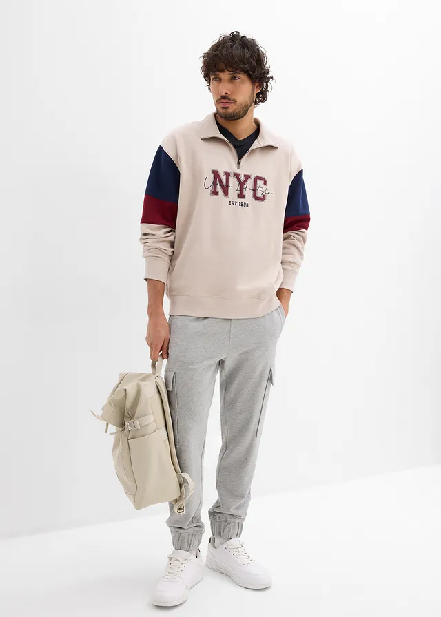 Joggingbroek met cargozakken, loose fit, Kleur: lichtgrijs gemêleerd