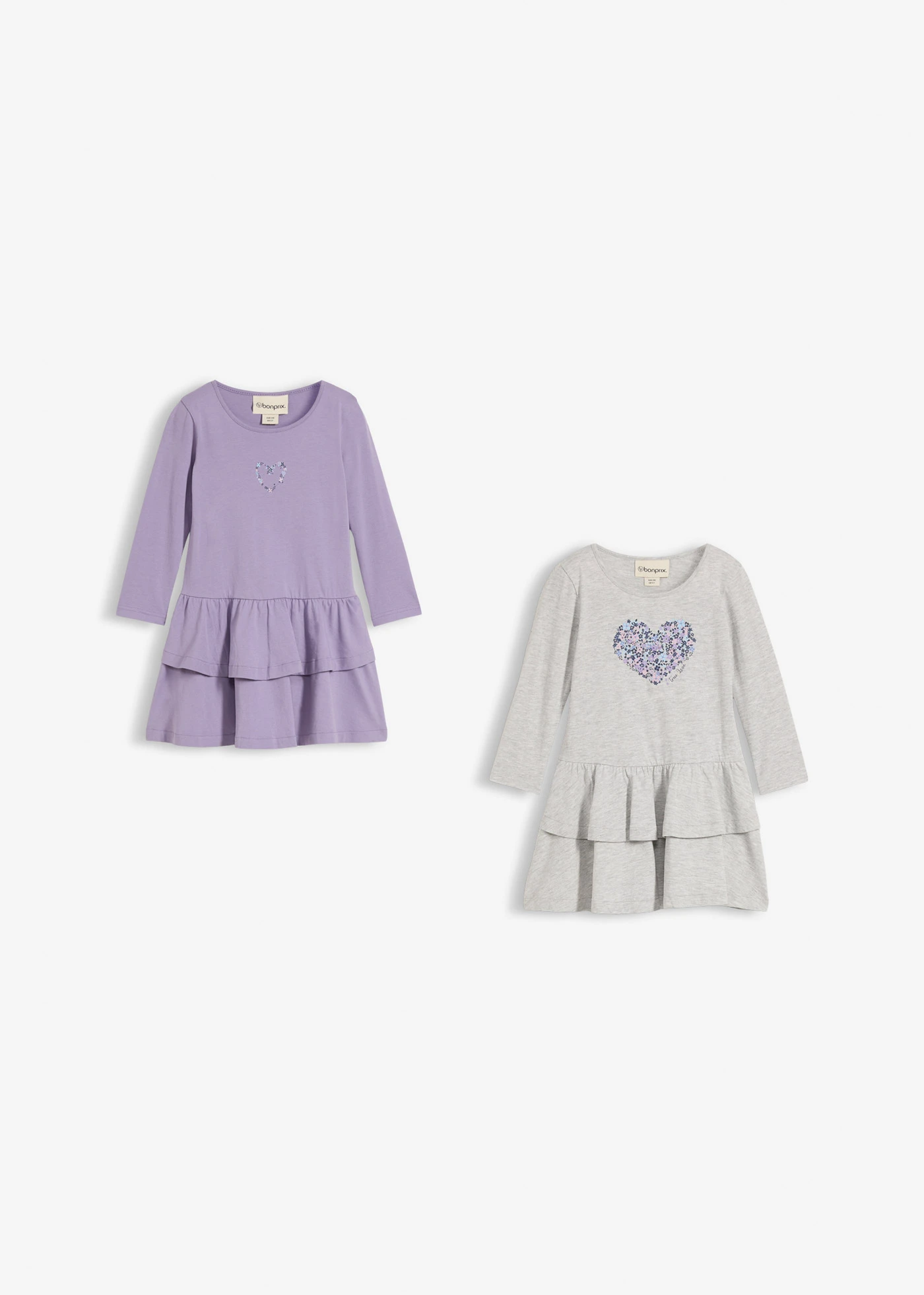 Jersey jurk van biologisch katoen (set van 2) • lichtgrijs gemêleerd + rookviolet + donkerblauw met print • bonprix online shop