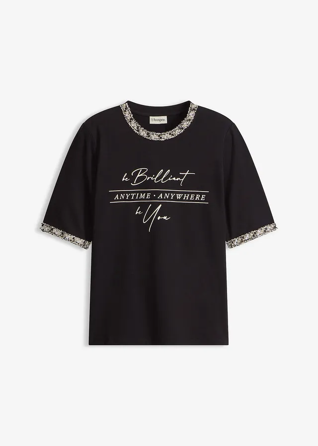 Shirt van biologisch katoen met applicatiezoom, Kleur: zwart gedessineerd