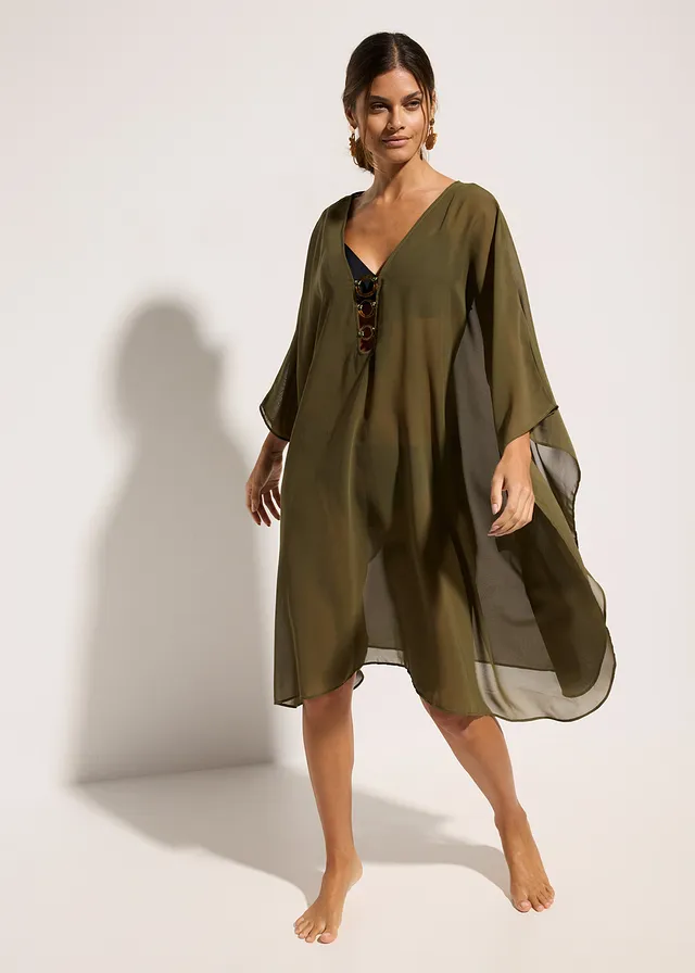 Tunique de plage en mousseline légère, Couleur: olive foncé