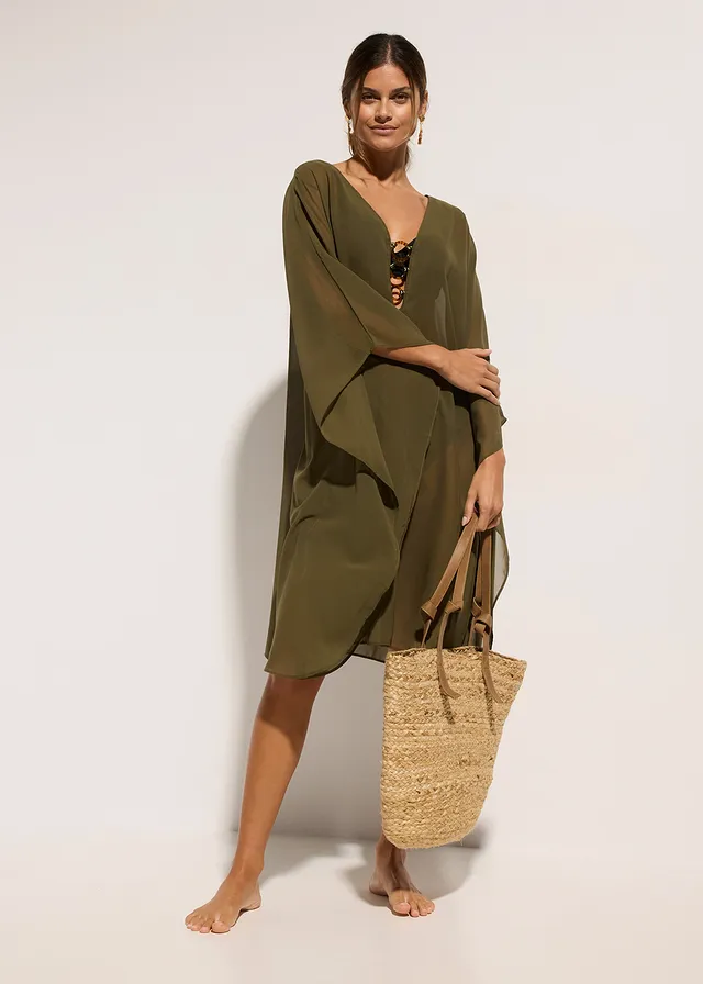 Tunique de plage en mousseline légère noir + écru-noir-olive imprimé