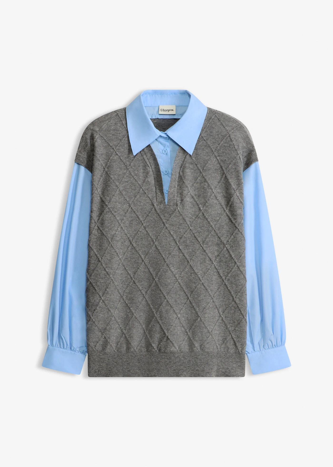 Pull sans manches à empiècement chemisier en coton • gris chiné-bleu clair • Boutique bonprix