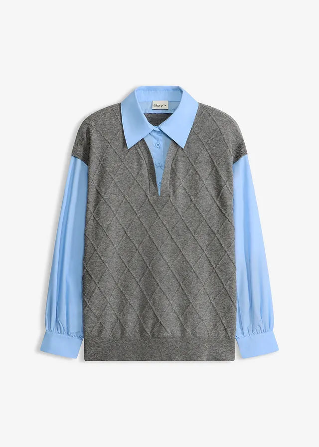 Vestă cu inserție tip cămașă, din material cu bumbac • gri melanj-bleu • magazin bonprix