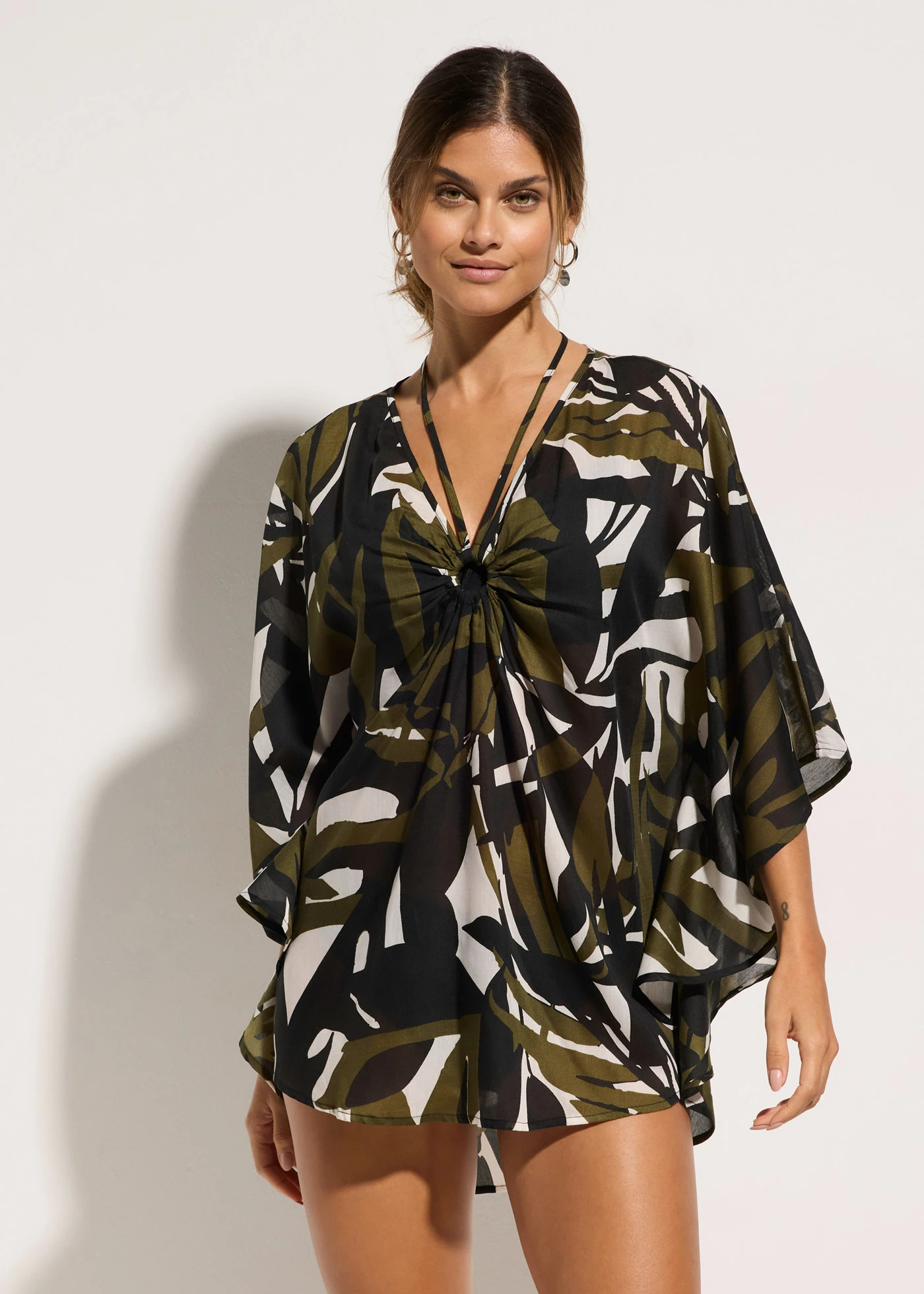 Transparante strandtuniek • zwart-donkerkaki met print • bonprix online shop