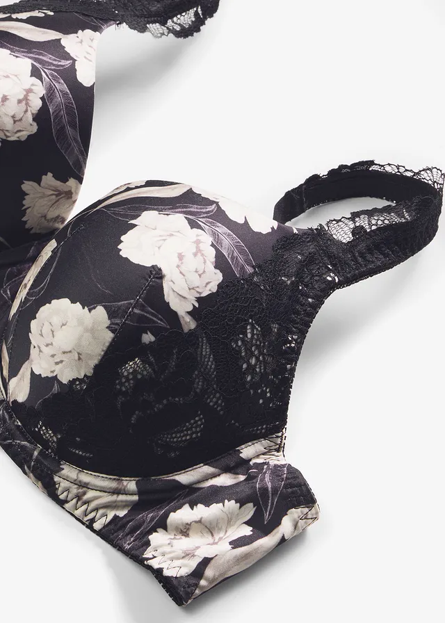 Voorgevormde bh met glanseffect en kanten details • zwart gebloemd • bonprix online shop