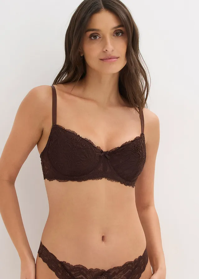 Beugel bh met een kleine padding en sierlijk kant, Kleur: donkerbruin