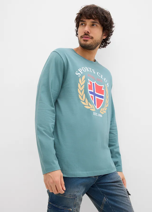 T-shirt manches longues 100% coton, Couleur: gris vert imprimé