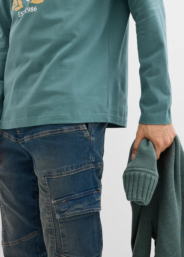 Bluză cu mâneci lungi din bumbac 100% • gri-verde cu imprimeu • magazin bonprix
