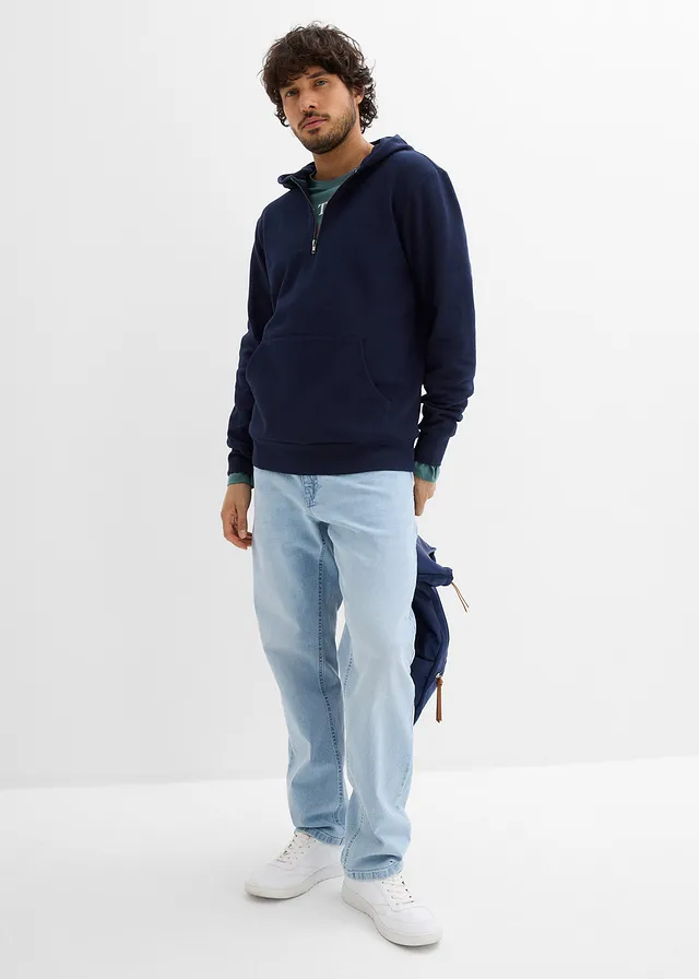 Sweat zippé à capuche 100% coton, Couleur: bleu foncé