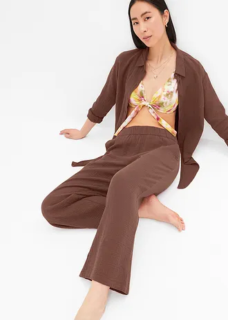 Pantalon large à pinces en gaze de coton • marron • Boutique bonprix