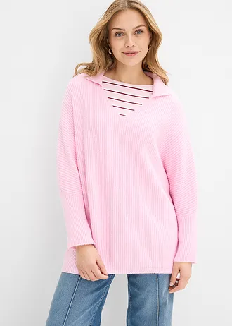 Pulover oversize cu guler polo, culoare: roz cristal