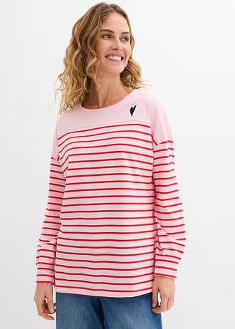 T-shirt manches longues 100% coton, Couleur: rose cristal-fraise rayé