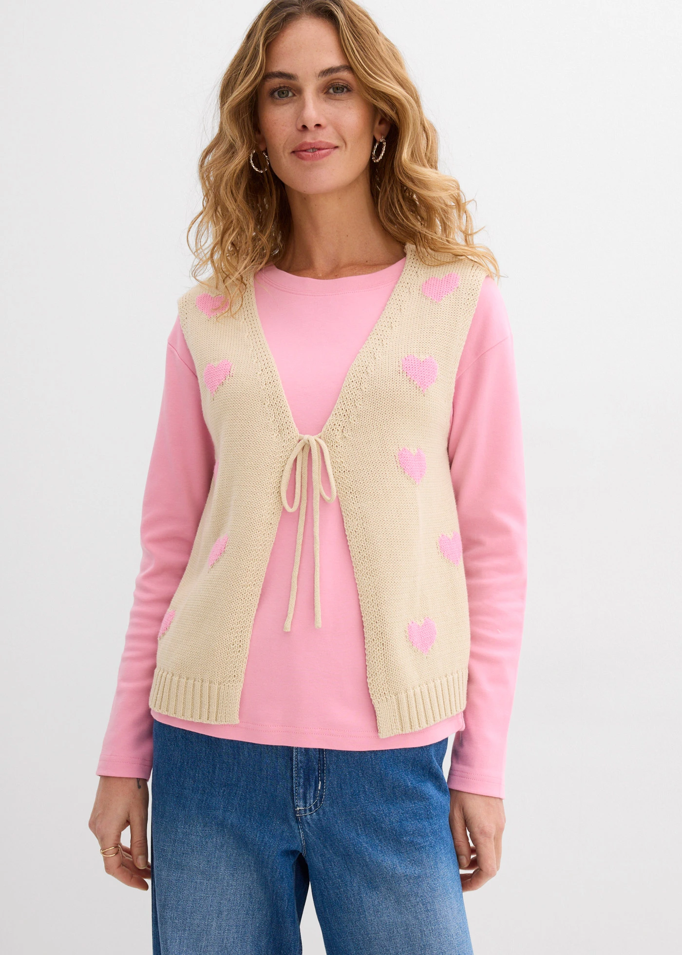 Gebreid vest van een katoenmix • lichtsand-roze • bonprix online shop
