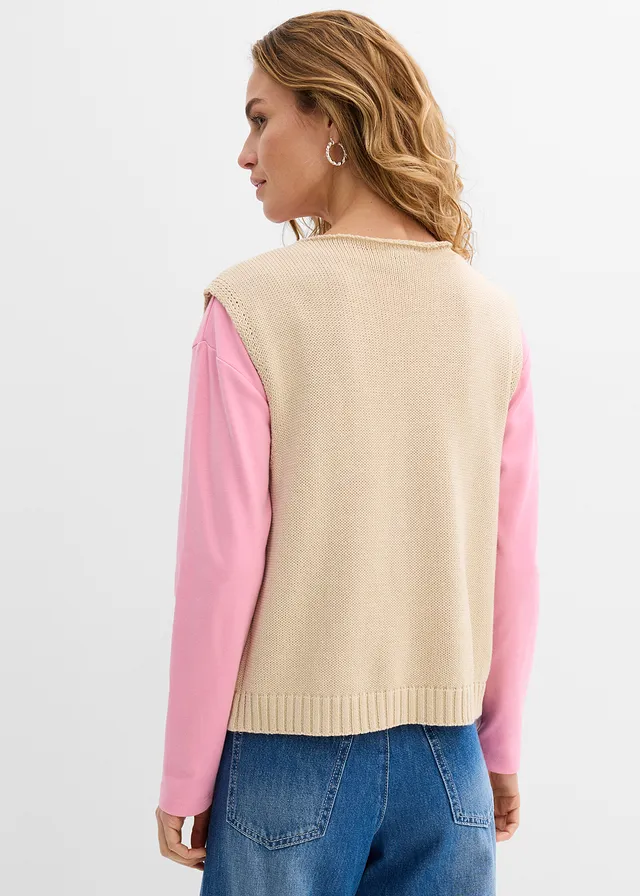 Gebreid vest van een katoenmix, Kleur: lichtsand-roze