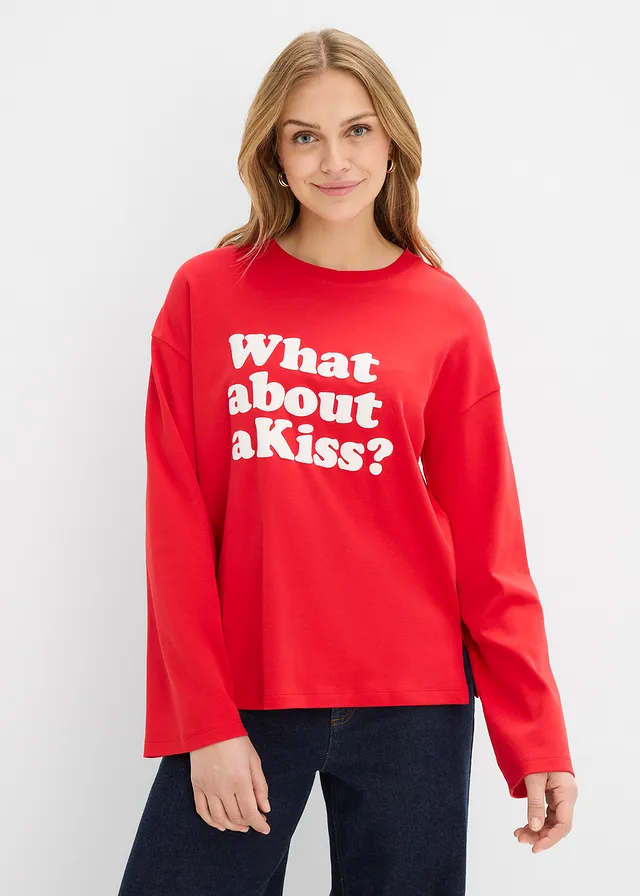 T-shirt manches longues en coton épais, Couleur: fraise-écru imprimé