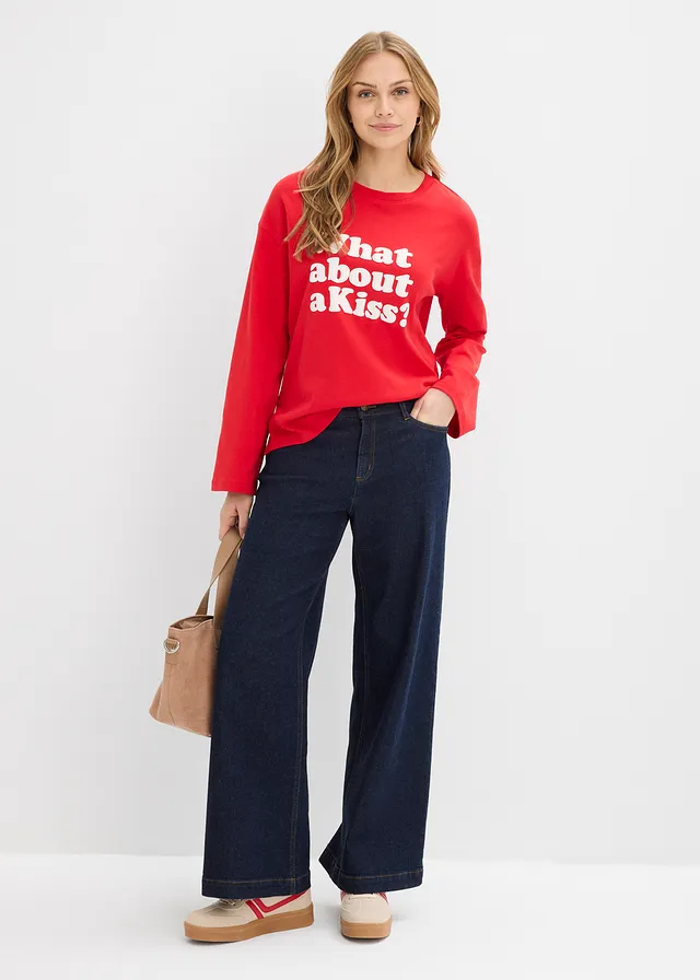 T-shirt manches longues en coton épais fraise-écru imprimé