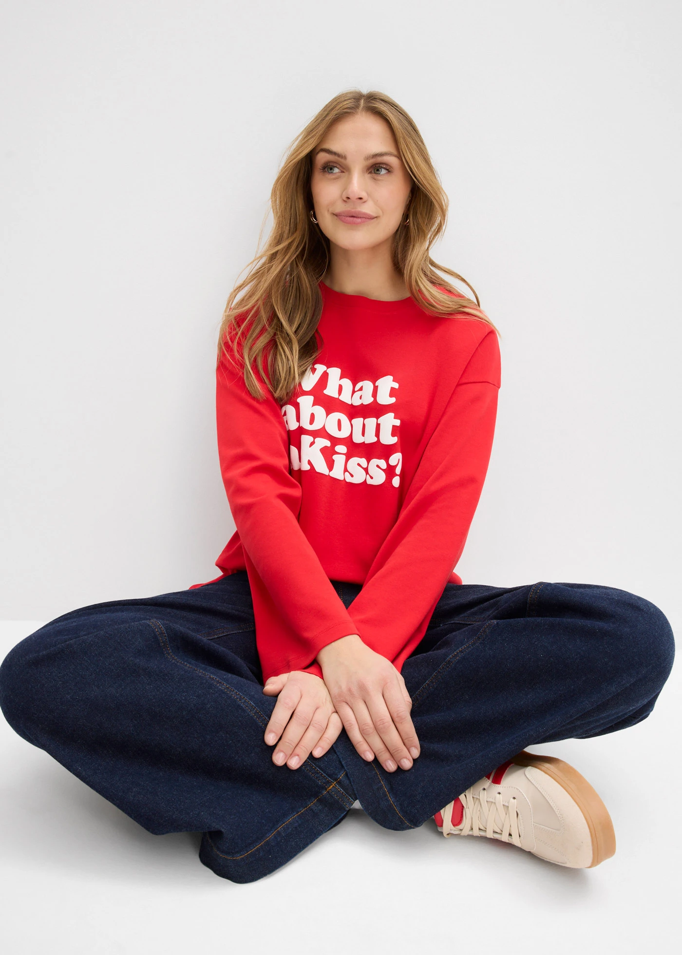 Longsleeve van zwaar katoen • aardbeirood/wolwit met print • bonprix online shop