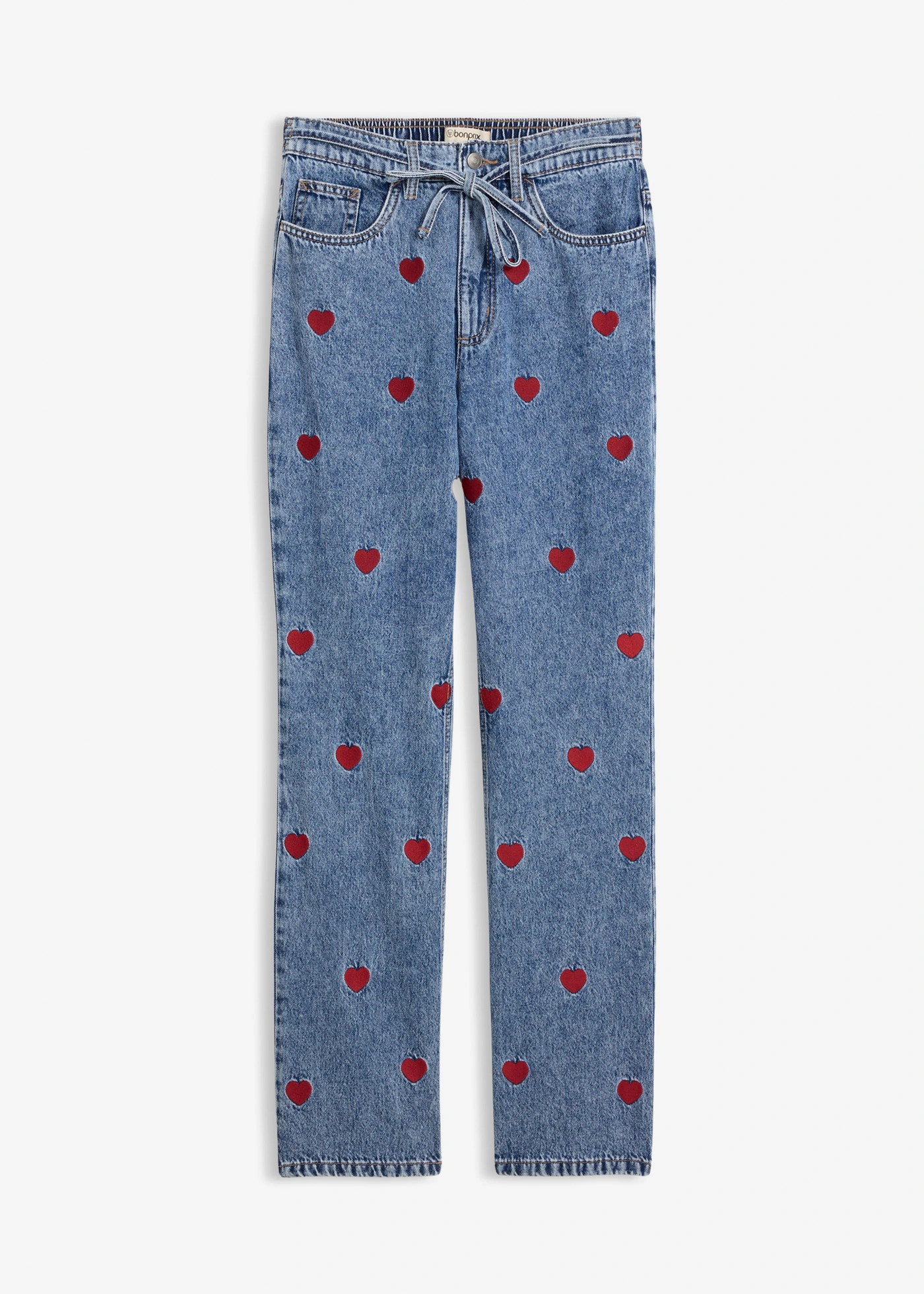 Blugi Loose Straight, High Waist, bumbac • bleu denim-roșu uzat • magazin bonprix