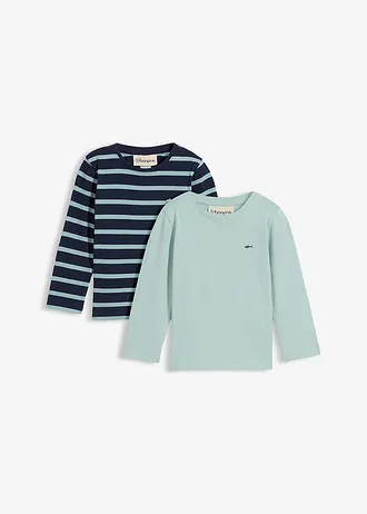 Lot de 2 T-shirts manches longues 100% coton, Couleur: vert opaline + bleu foncé/vert opaline rayé