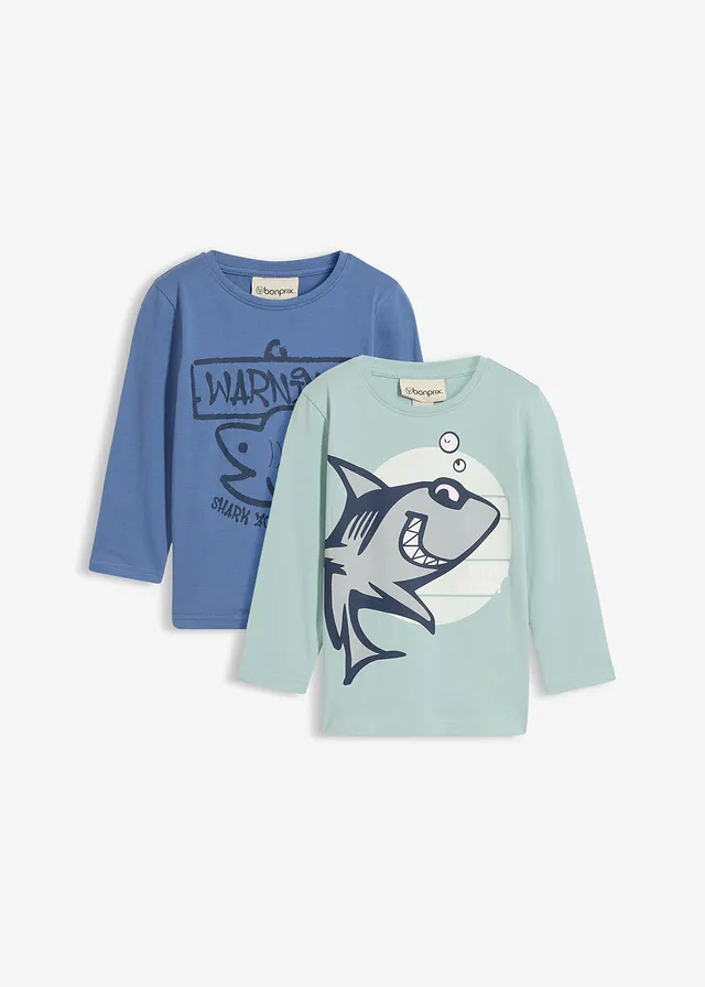 Longsleeve van biologisch katoen (set van 2), Kleur: zeegroen+jeansblauw