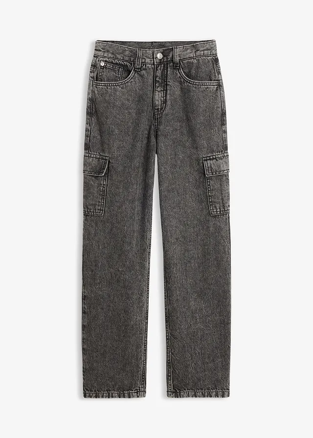 Jean cargo loose à taille réglable, droit, Couleur: noir denim used