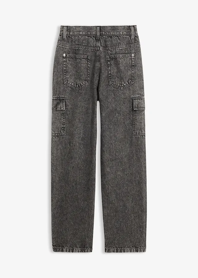 Jean cargo loose à taille réglable, droit, Couleur: noir denim used