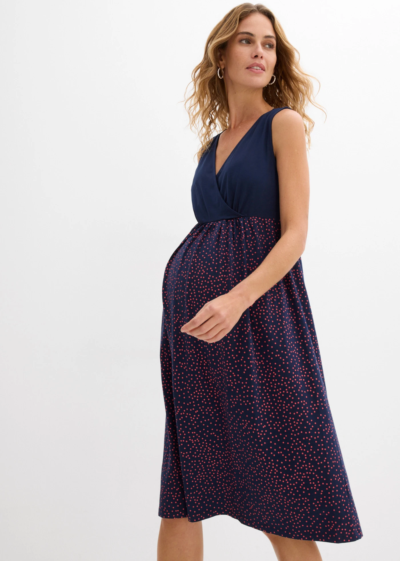 3 az 1-ben szett kismama-szoptatós ruha + póló, bio pamutból (2-részes szett) • sötétkék-korallpiros pöttyös • bonprix áruház