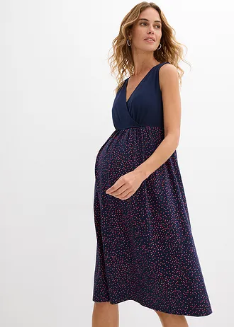 Robe de grossesse et d’allaitement + T-shirt manches longues en coton (ens. 2 pces) • bleu foncé pois rouge corail • Boutique bonprix