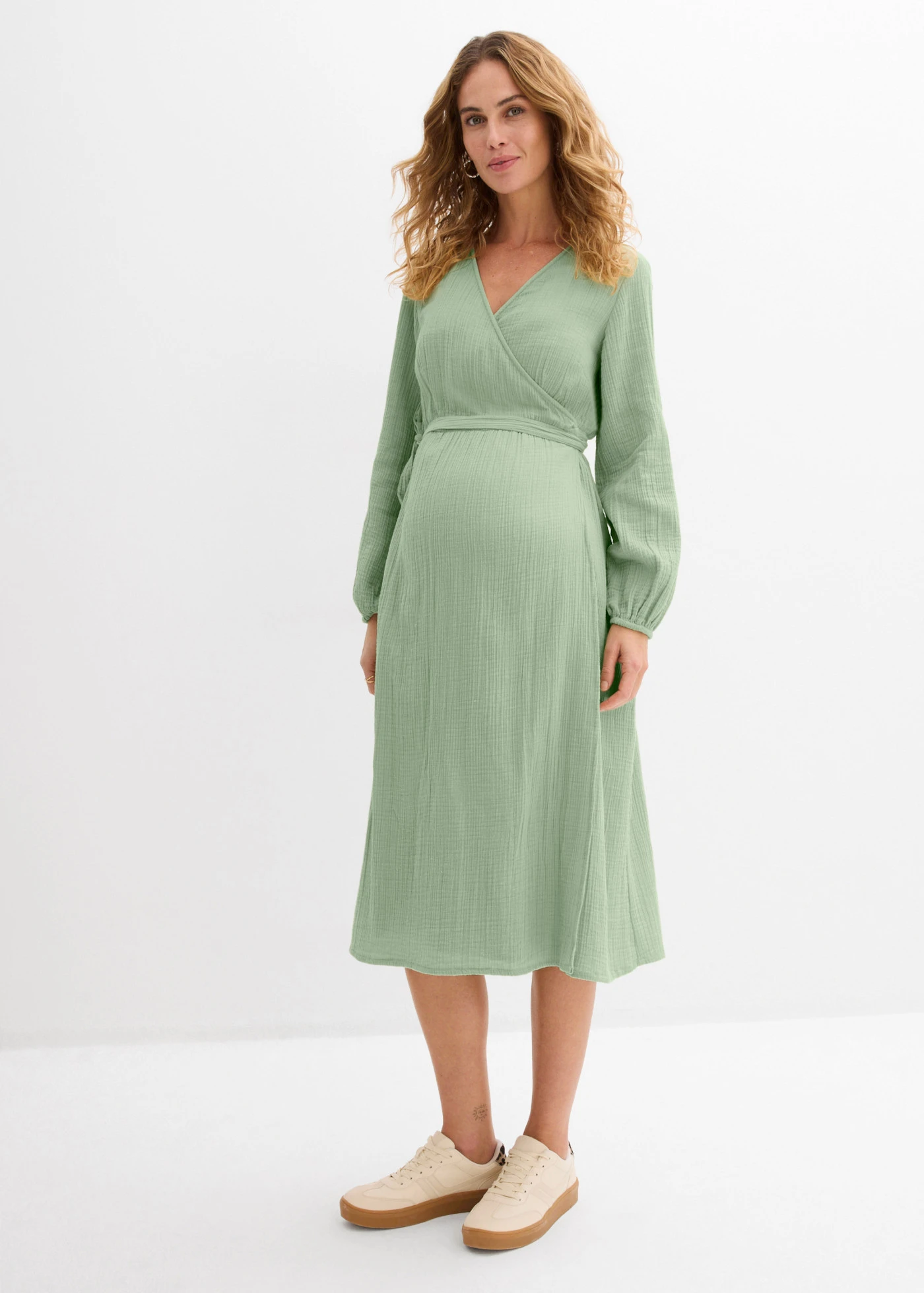 Rochie de gravide și alăptare 2 în 1 din muselină de bumbac • gri/verde • magazin bonprix