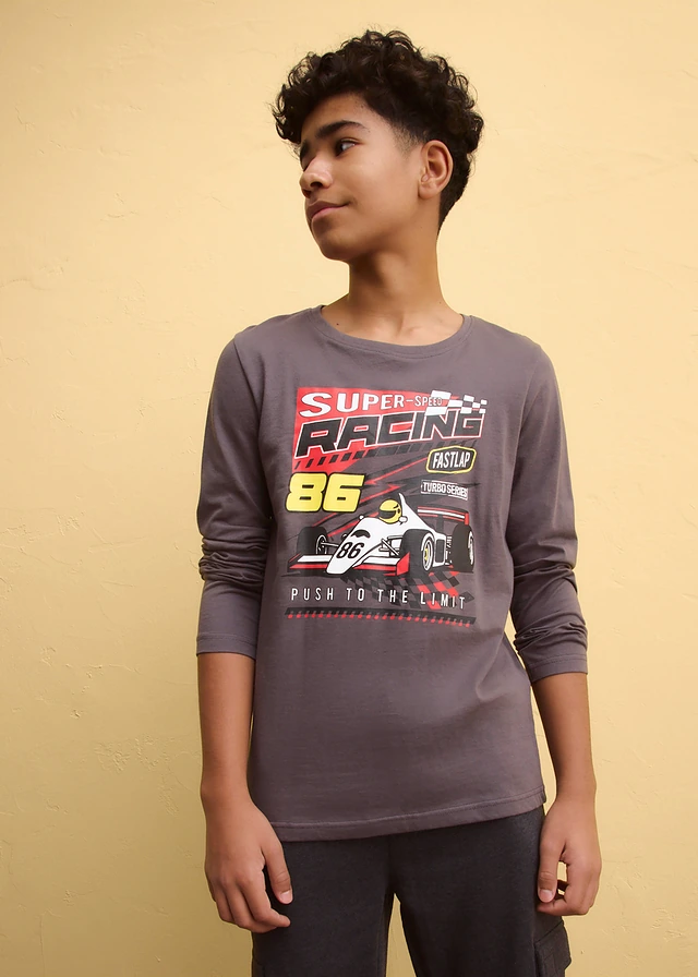T-shirt manches longues 100% coton, Couleur: gris ardoise imprimé