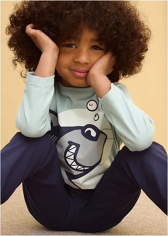 Lot de 2 T-shirts manches longues 100% coton • vert opaline + bleu jean imprimé • Boutique bonprix