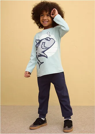 Lot de 2 T-shirts manches longues 100% coton • vert opaline + bleu jean imprimé • Boutique bonprix