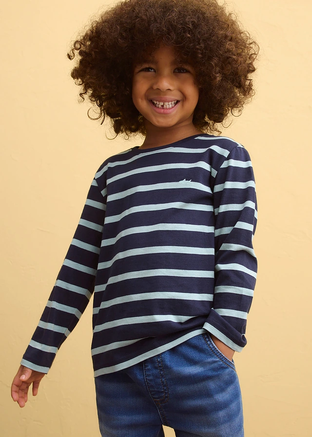 Lot de 2 T-shirts manches longues 100% coton, Couleur: vert opaline + bleu foncé-vert opaline rayé
