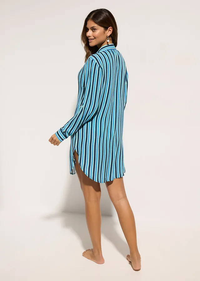 Strandblouse van soepele viscose, Kleur: diepblauw gestreept
