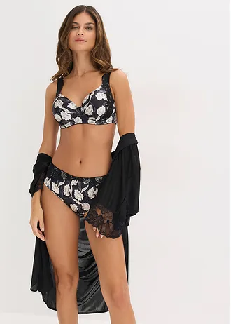 Chilot maxi cu efect lucios și detalii cu dantelă • negru înflorat • magazin bonprix